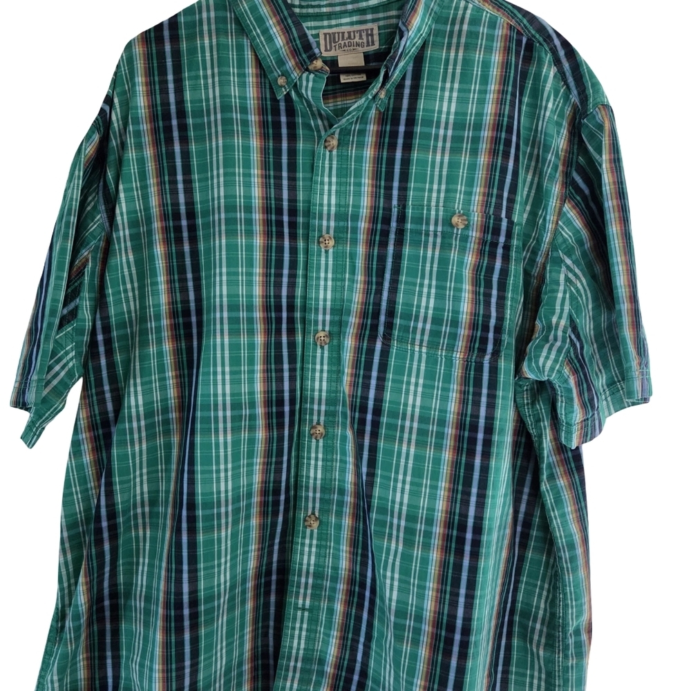 Duluth Trading Co Men's 2XL Plaid Button Up Shirt Green 100% Cotton Short Sleeve